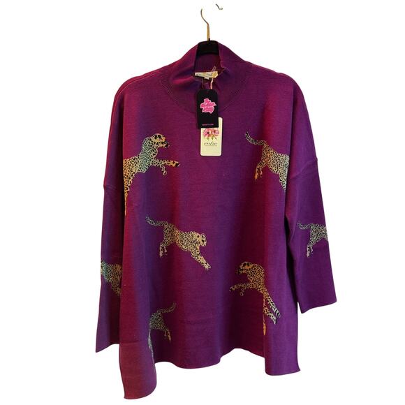 Entro Knit Sweater with Side Slit Purple Leopard Print L NWT - Picture 2 of 10